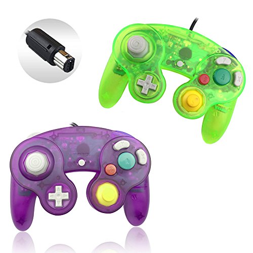 Reiso 2 Packs NGC Controllers Classic Wired Controller for Wii Gamecube(Clear Purple and Moss Green)