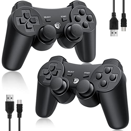 Controller 2 Pack for PS3 Wireless Controller for Sony Playstation 3, Double Shock 3, Bluetooth, Rechargeable, Motion Sensor, 360° Analog Joysticks, Remote for PS3, 2 USB Charging Cords, Black